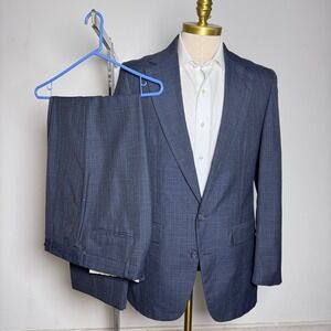 Hunting Horn J. Riggins Suit Mens 40L 32x31 Blue Glen Plaid 2-Button USA Vintage